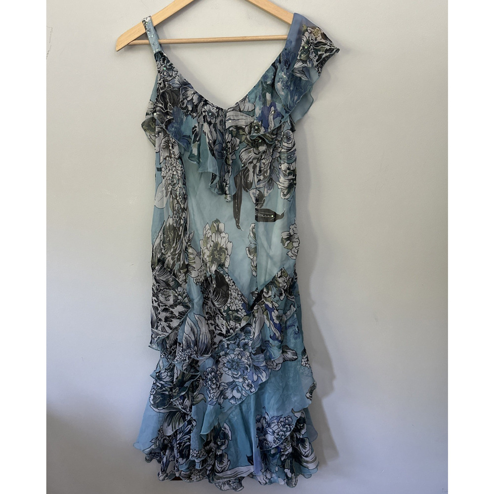 Vintage Dressbarn Dress Womens 16 Blue Tiered Asymmetric Beaded Y2K Fairy Grunge - Picture 2 of 10